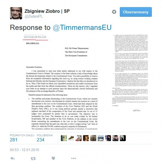 Odpowiedź Zbigniewa Ziobry do Fransa Timmermansa, źródło: twitter.com