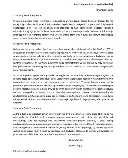 List z rezygnacją Ryszarda Bugaja do prezydenta Andrzeja Dudy, źródło: twitter.com