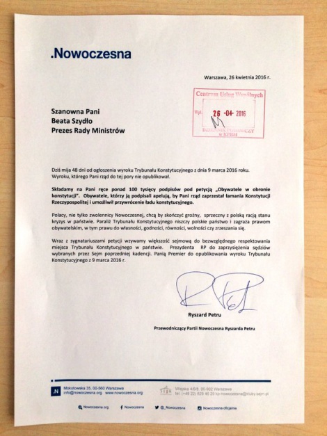 List Nowoczesnej do premier Beaty Szydło, źródło: twitter.com/_nowoczesna