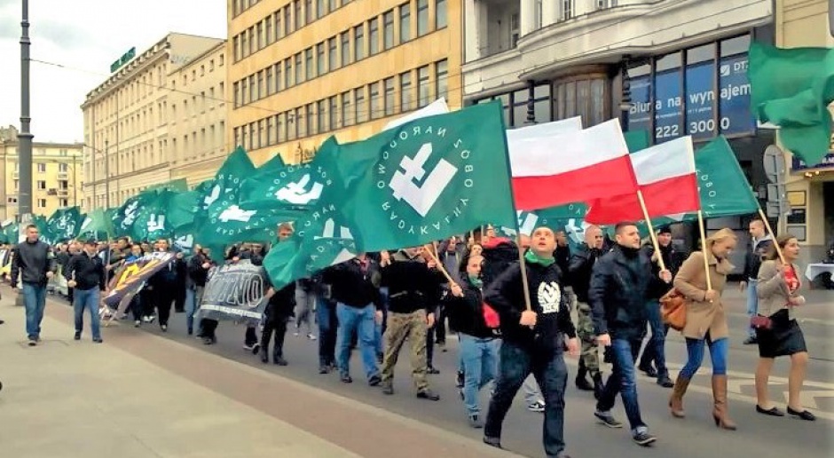 Marsz środowisk narodowych w Poznaniu w 2015 roku, symbol Falangi na zielonych flagach, źródło: wikipedia.org/CC