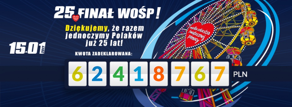 Stan licznika 25 finału WOŚP na dzień 1 lutego  2017 roku, źródło: facebook.com/wosp
