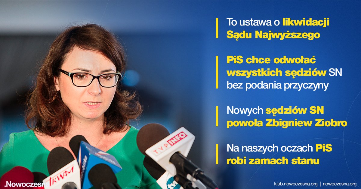 Projekt PiS zakłada likwidację Sądu Najwyższego - ocenia Nowoczesna (fot.twitter.com/Nowoczesna)