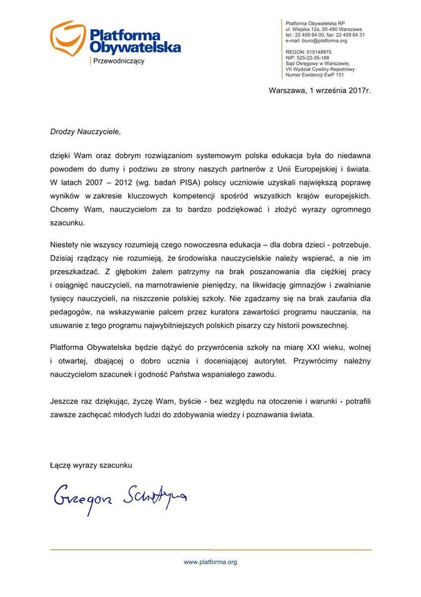 List szef PO Schetyna do nauczycieli (fot.twitter.com/SchetynadlaPO)